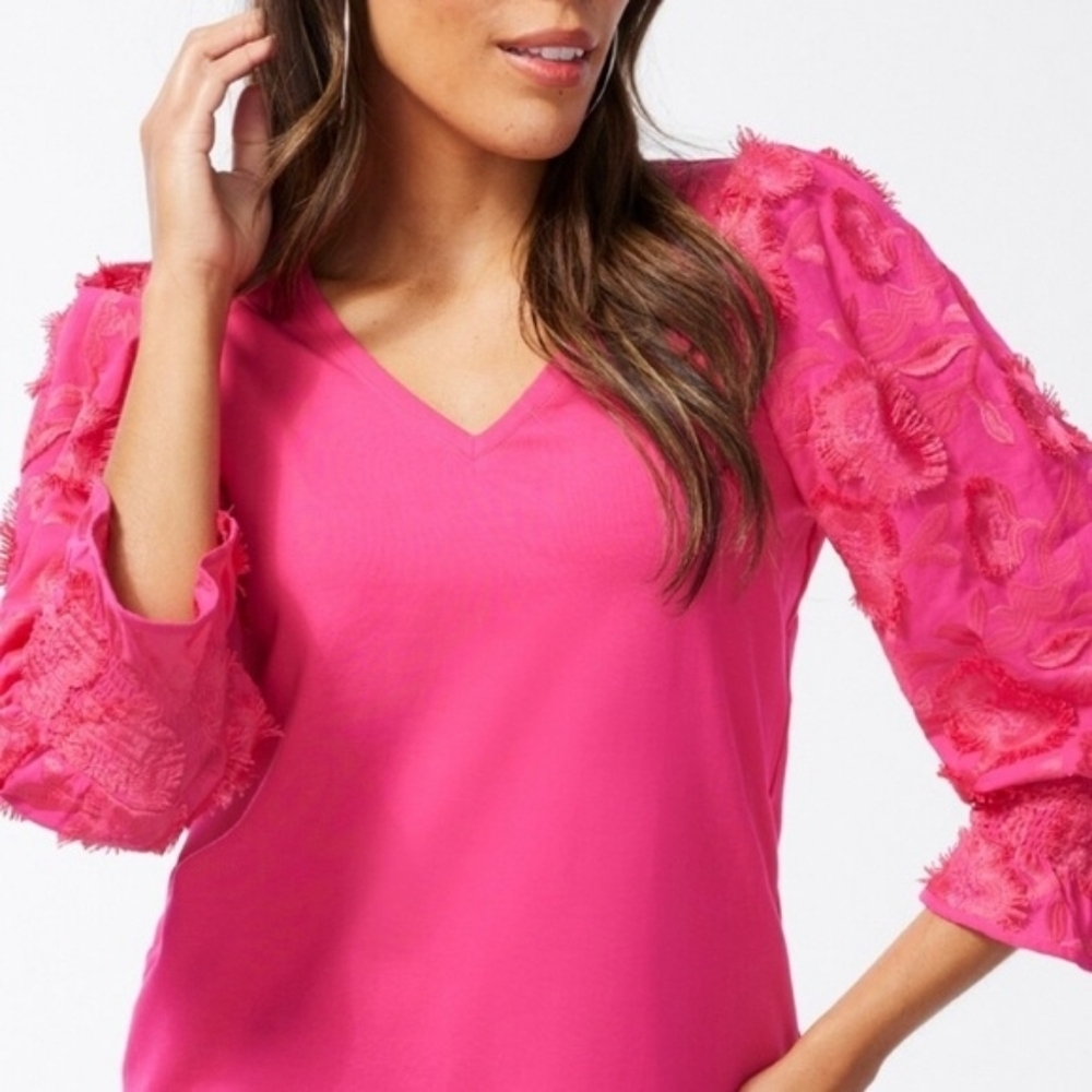 Chico's Hot Pink Women's Top with 3D Applique Sleeves S/M